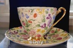 Shelley England Fine Bone China Countryside Floral Chintz Gold Footed Teacup