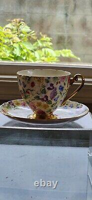 Shelley England Fine Bone China Countryside Floral Chintz Gold Footed Teacup