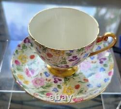 Shelley England Fine Bone China Countryside Floral Chintz Gold Footed Teacup