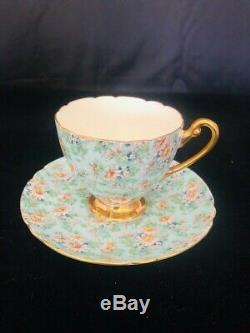 Shelley Marguerite Chintz Footed Cup & Saucer #13694 Gold Trim Ds36