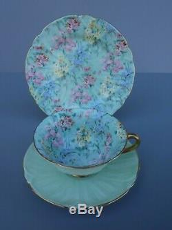 Shelley Melody Chintz Green Trio Cup Saucer & 6 7/8 Plate Oleander Shape