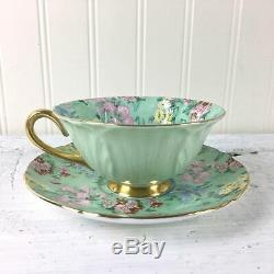 Shelley Melody Chintz oleander shape gold footed teacup and saucer mint green