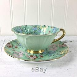 Shelley Melody Chintz oleander shape gold footed teacup and saucer mint green