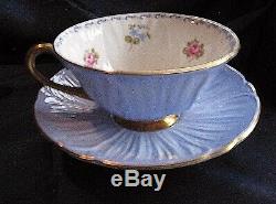 Shelley Rose Pansy Forget Me Not Tcup Saucer BLUE SCROLL Oleander Gold FREE SHIP