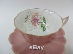 Shelley Stratford Shape Dusty Rose Pink Teacup & Saucer White Inside Flowers
