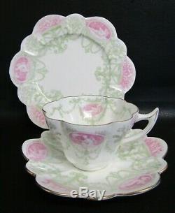 Shelley Wileman Foley Snowdrop Shaped Pink, Green Cameo Tea Cup, Saucer & Plate