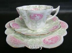 Shelley Wileman Foley Snowdrop Shaped Pink, Green Cameo Tea Cup, Saucer & Plate