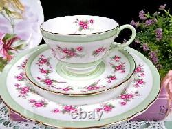 Shelley tea cup and saucer PINK ROSE pastel green bands teacup trio 1940's