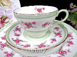 Shelley tea cup and saucer PINK ROSE pastel green bands teacup trio 1940's