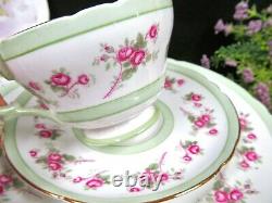 Shelley tea cup and saucer PINK ROSE pastel green bands teacup trio 1940's