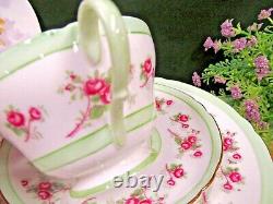 Shelley tea cup and saucer PINK ROSE pastel green bands teacup trio 1940's