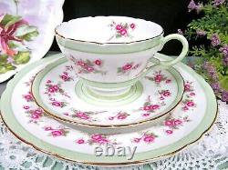 Shelley tea cup and saucer PINK ROSE pastel green bands teacup trio 1940's