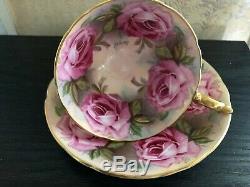 Signed Aynsley Bone China Tea Cup Saucer Pink Cabbage Roses J A Bailey