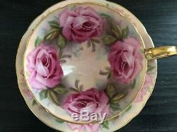 Signed Aynsley Bone China Tea Cup Saucer Pink Cabbage Roses J A Bailey