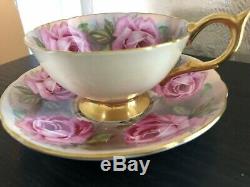 Signed Aynsley Bone China Tea Cup Saucer Pink Cabbage Roses J A Bailey