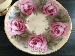 Signed Aynsley Bone China Tea Cup Saucer Pink Cabbage Roses J A Bailey