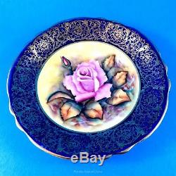 Signed Rare Hand painted Rose Center with Cobalt Border Paragon Tea Cup & Saucer