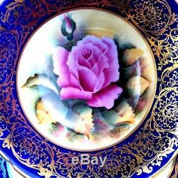 Signed Rare Hand painted Rose Center with Cobalt Border Paragon Tea Cup & Saucer