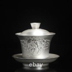 Silver Gaiwan 999 Sterling Silver Tureen Cup Saucer Lid Peony Relief ceramic cup