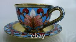 Soviet Russian 916 Silver Enamel Tea Cup with Saucer 189.6 Grams
