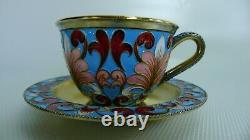 Soviet Russian 916 Silver Enamel Tea Cup with Saucer 189.6 Grams