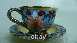 Soviet Russian 916 Silver Enamel Tea Cup with Saucer 189.6 Grams