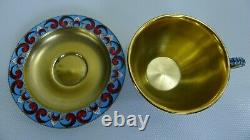 Soviet Russian 916 Silver Enamel Tea Cup with Saucer 189.6 Grams