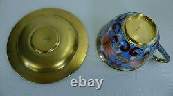 Soviet Russian 916 Silver Enamel Tea Cup with Saucer 189.6 Grams