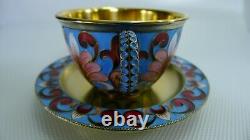 Soviet Russian 916 Silver Enamel Tea Cup with Saucer 189.6 Grams