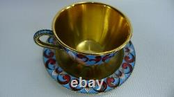 Soviet Russian 916 Silver Enamel Tea Cup with Saucer 189.6 Grams