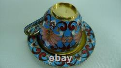 Soviet Russian 916 Silver Enamel Tea Cup with Saucer 189.6 Grams