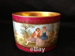 Spectacular Royal Vienna Style Cup & Saucer Burgundy Courting Couple Scenes