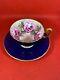 Stunning Aynsley Royal Blue Teacup & Saucer Large Pink Cabbage Roses Bailey Type