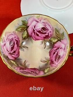 Stunning Aynsley Royal Blue Teacup & Saucer Large Pink Cabbage Roses Bailey Type