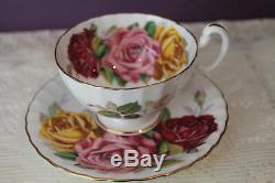 Stunning Aynsley Tea Cup And Saucer Huge Red Pink And Yellow Cabbage Roses