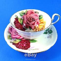 Stunning Huge Three Cabbage Roses Aynsley Tea Cup and Saucer Set