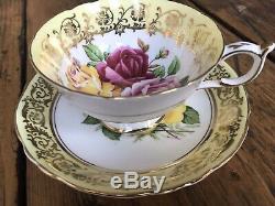 Stunning Paragon Tea Cup & Saucer Duo, Gold, Pink & Yellow Cabbage Roses