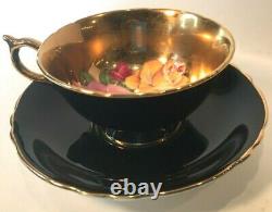 Stunning and Rare Gold Triple Rose Paragon Tea Cup and Saucer, Black background