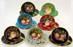 Superb Rare 14 Pc Aynsley Colored Orchard Fruit Tea Cups & Saucers