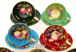 Superb Rare 14 Pc Aynsley Colored Orchard Fruit Tea Cups & Saucers