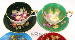 Superb Rare 14 Pc Aynsley Colored Orchard Fruit Tea Cups & Saucers