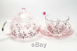 Tea Set Teapot with 2 Cups and Saucers Glass Pink Cherry Blossom Personalized
