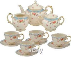 Tea Set Vintage China Cup Teapot Coffee Saucers Set Porcelain 11 Piece Design