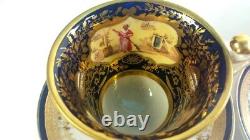 Tea cups & saucers. Sevres style painted panel inside Cobalt blue & antique gold