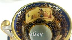 Tea cups & saucers. Sevres style painted panel inside Cobalt blue & antique gold