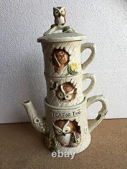 Tea for Two VINTAGE OWL SET Stackable coffee pot & cups tree house Japan