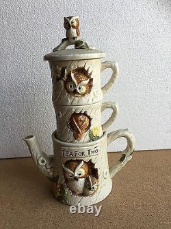 Tea for Two VINTAGE OWL SET Stackable coffee pot & cups tree house Japan