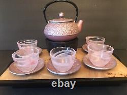 Teavana Japanese Cherry Cast Iron Tea Pot with Infuser 5 Glaa Cups & Saucers