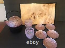 Teavana Japanese Cherry Cast Iron Tea Pot with Infuser 5 Glaa Cups & Saucers