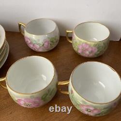 Thomas Bavaria Green Pink Floral 3 Piece Dessert Plate Teacup & Saucer Sets 12pc